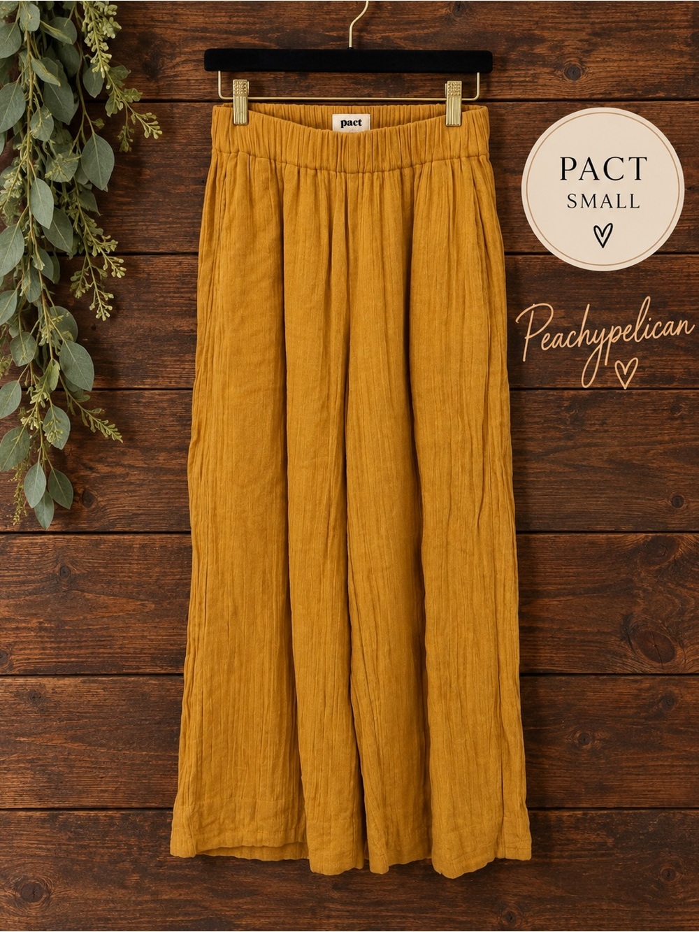 PACT Mustard Yellow Textured Wide Leg Pants Size Small Organic Cotton Boho